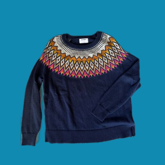Old Navy Blue Sweater, Geometric Print at neck, Size L - Picture 4 of 8